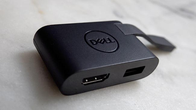 Dell provides a small an handy USB and HDMI adapter. The Thunderbolt cable wraps around the dongle for storage.