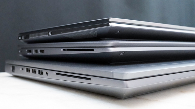 Top to bottom: ZBook Studio, Power, and Fury. Between the two 15-inch models, the Studio clearly has a sleeker, thinner, and lighter design than the ZBook Power.