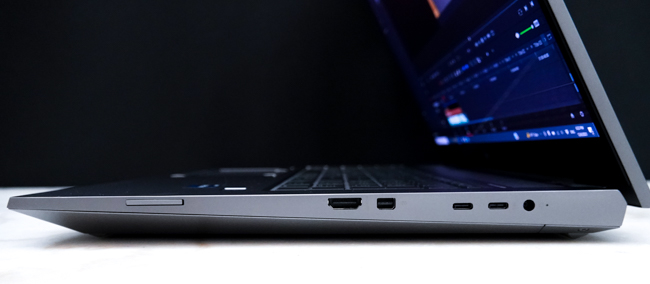 ZBook Fury G8 with a power connector, two Thunderbolt 4 ports, a miniDisplay port, an HDMI port and an SD Card Reader
