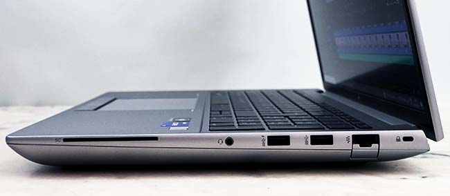 ZBook Fury G9 with a security lock, RJ45 connector, two USB ports, a audio & microphone jack, and a SmartCard Reader